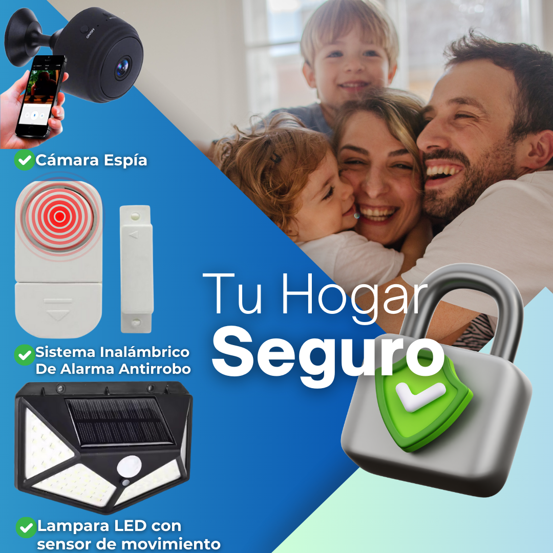 Combo Hogar Seguro: Mini Cámara para Puerta + Sensor y Alarma + Lámpara LED Solar